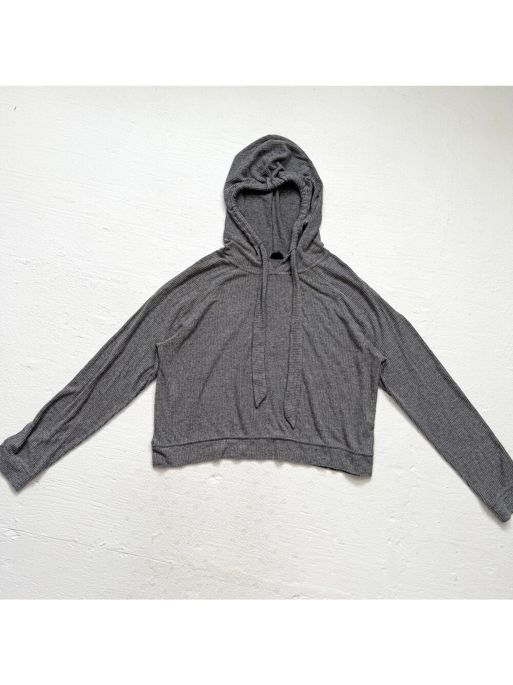 Free Press Heather Gray Ribbed Cropped Hoodie, Size Large